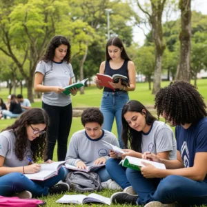 Grupo de alunos da Estácio sentados na grama estudando juntos em livros e cadernos para uma apresentação acadêmica.