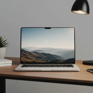 Tela de laptop exibindo um slide profissional com design minimalista, fundo de imagem de alta qualidade e pouco texto, exemplificando um bom design de apresentação.