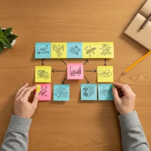Mãos organizando um mapa mental com post-its para criar a estrutura e o roteiro de uma apresentação persuasiva sobre uma mesa de madeira.