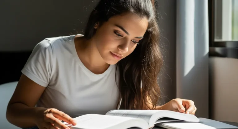 Jovem estudante da UNIP lendo um livro, focada em seus estudos com orientação acadêmica.