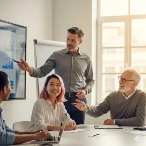 Colegas de trabalho dando feedback construtivo para um profissional que está a ensaiar sua apresentação.