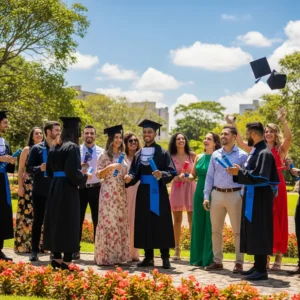 Grupo de estudantes da Anhanguera felizes comemorando a formatura com seus diplomas após a aprovação do TCC.