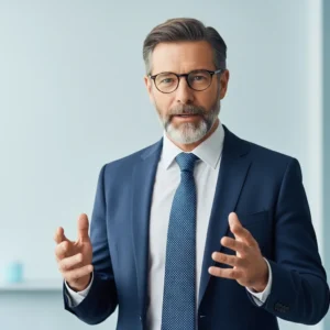 Apresentador profissional demonstrando linguagem corporal confiante, com postura aberta, gestos controlados e contato visual direto com a câmera.