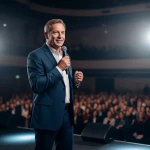 Palestrante confiante no palco demonstra técnicas de oratória e controle do nervosismo ao falar em público para uma audiência.
