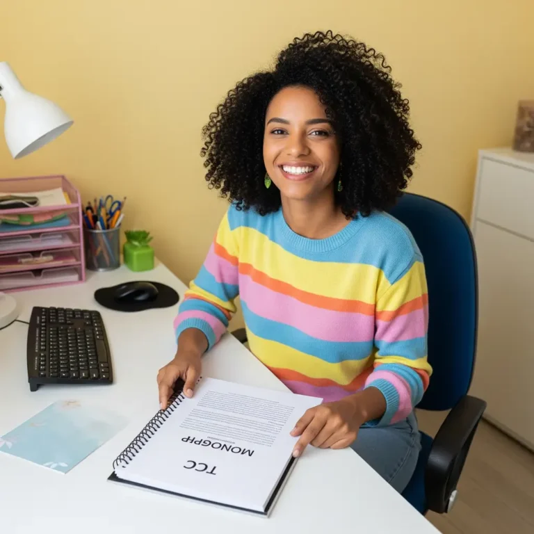 Aluna da UNIP sorrindo, feliz com seu TCC finalizado e formatado corretamente após receber suporte da assessoria acadêmica.