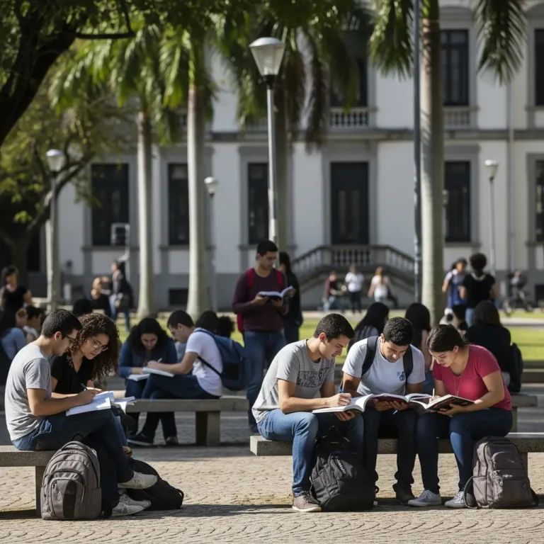 Grupo de estudantes da Unopar estudando ao ar livre, concentrados em livros e cadernos, representando o início da jornada do TCC e a importante etapa de escolha do tema.