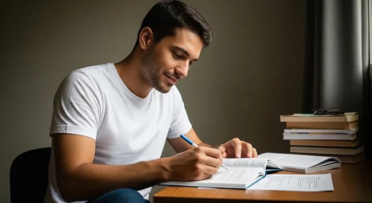 Jovem estudante da Unicid escrevendo em um livro sobre a mesa com outros livros ao lado.