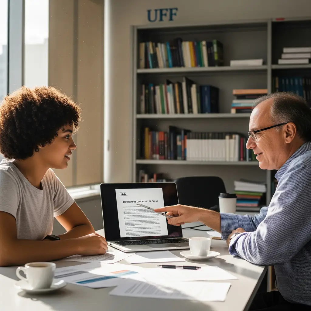 TCC UFF: Aluna da Universidade Federal Fluminense recebendo orientação de professor para seu trabalho de conclusão de curso.