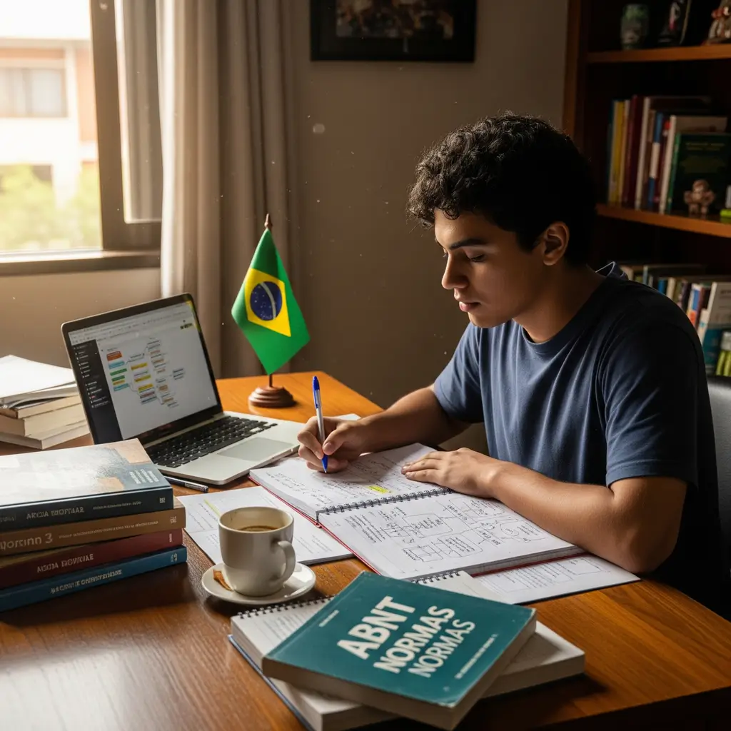 Projeto de Pesquisa Estácio: Aluno planejando a estrutura de seu trabalho acadêmico.