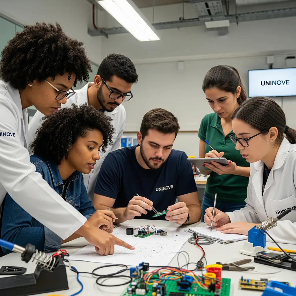 Projetos Integradores UNINOVE: Grupo de alunos da UNINOVE colaborando em um projeto prático.
