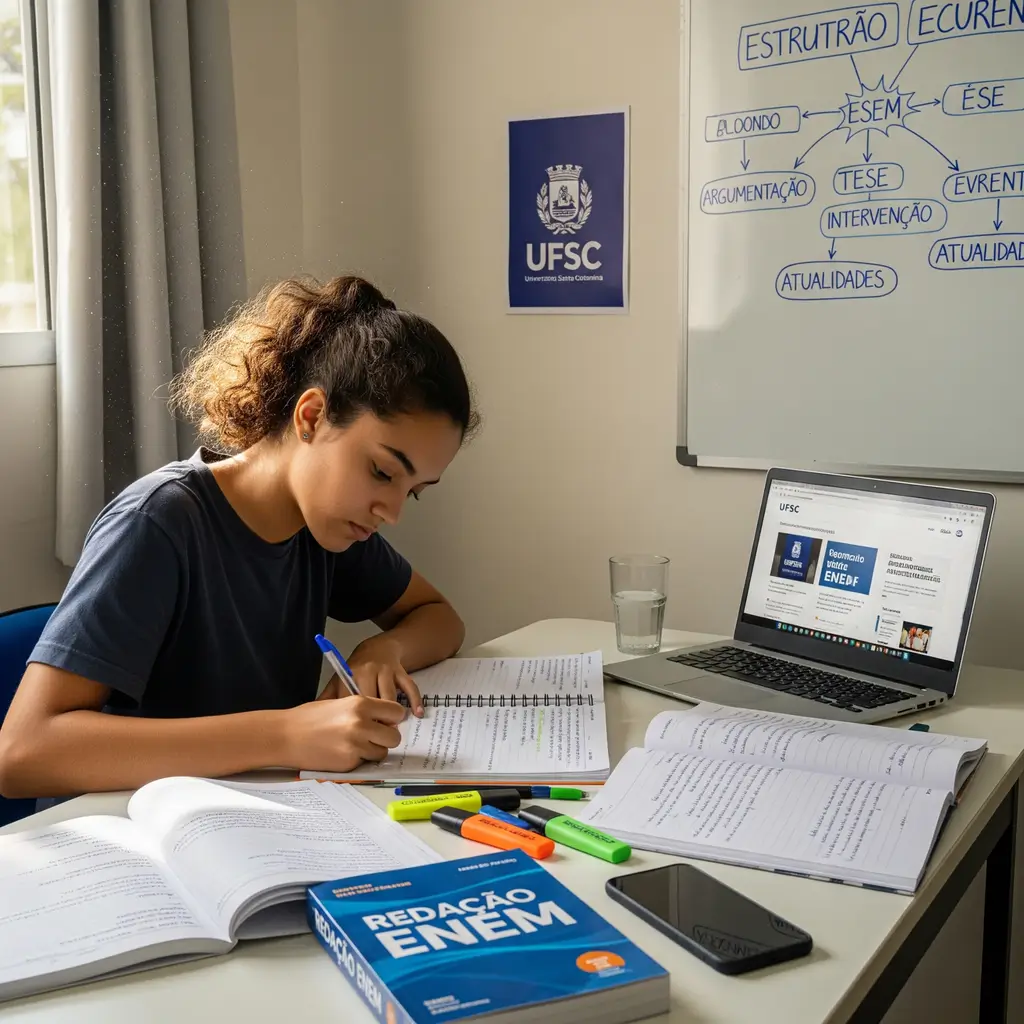 Aluna estudando para Curso de Redação ENEM UFSC com foco na aprovação na UFSC.