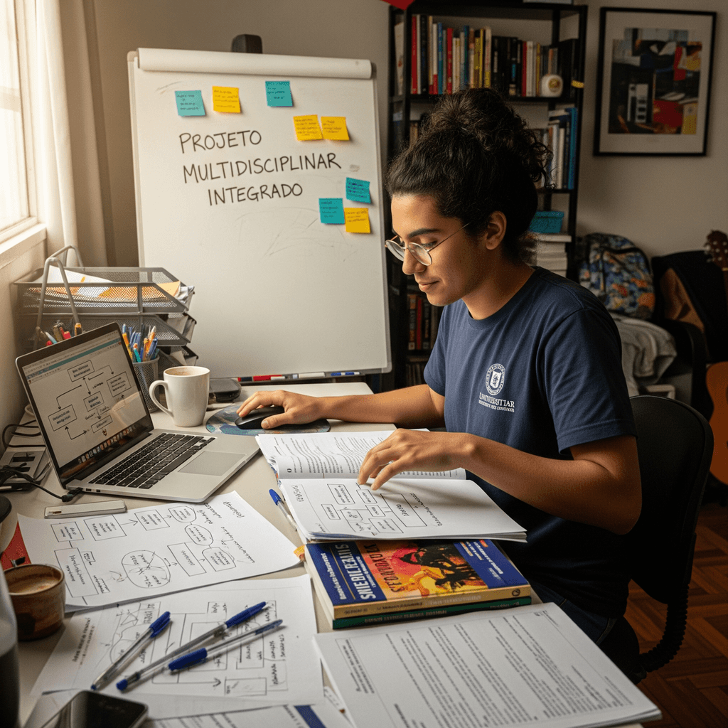 PIM UNIP: Aluno da UNIP organizando seu Projeto Integrado Multidisciplinar.