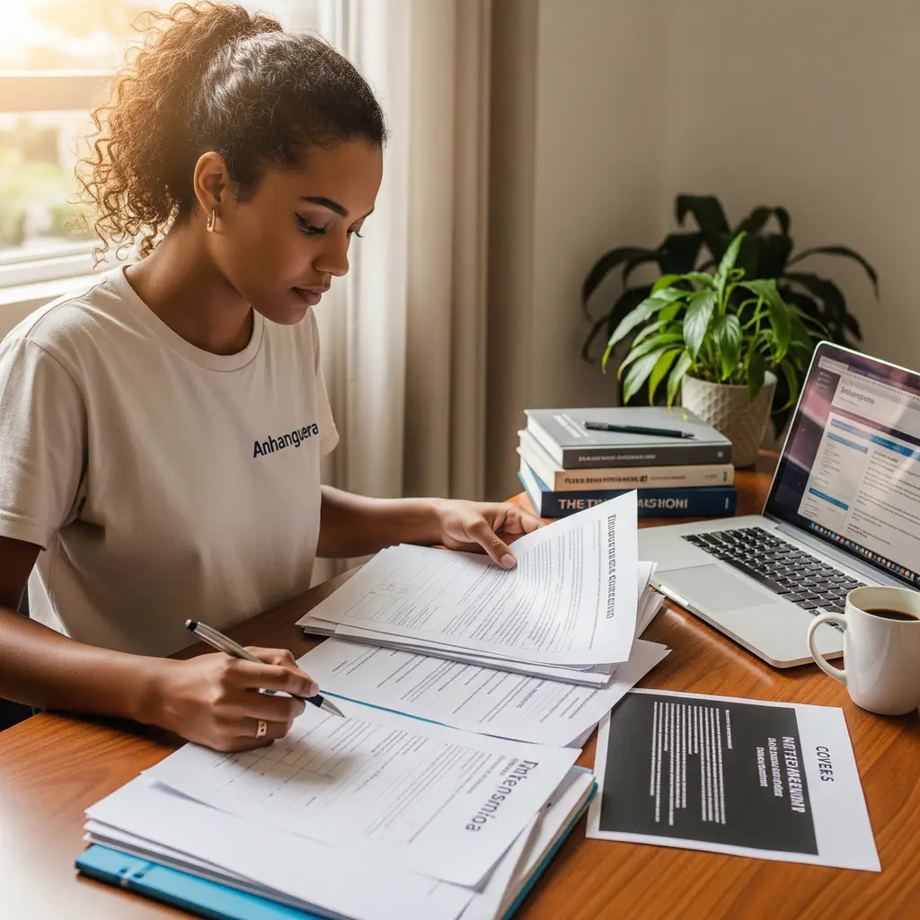 Relatório de Estágio Anhanguera: Aluna com características físicas de pessoa brasileira organizando a documentação do estágio.